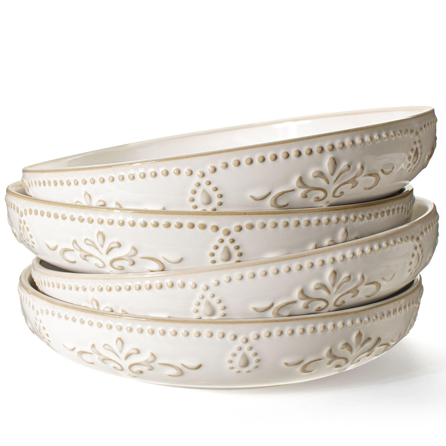Artena Pasta Bowls, 50oz Large Salad Serving Bowls, 9.75'' Plates Bowl Set of 4, Big White Ceramic Soup Bowl for Kitchen, Embossment Shallow Dinner Bowl, Microwave Dishwasher Safe, Damask Floral