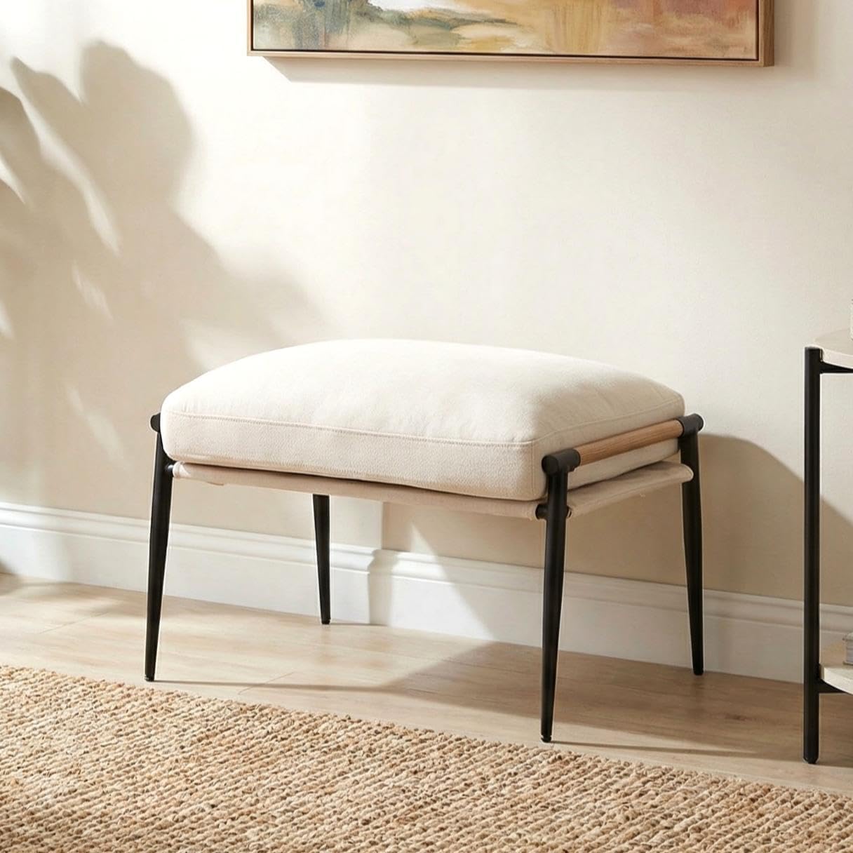 Chenille Upholstered Footstool with Black Legs