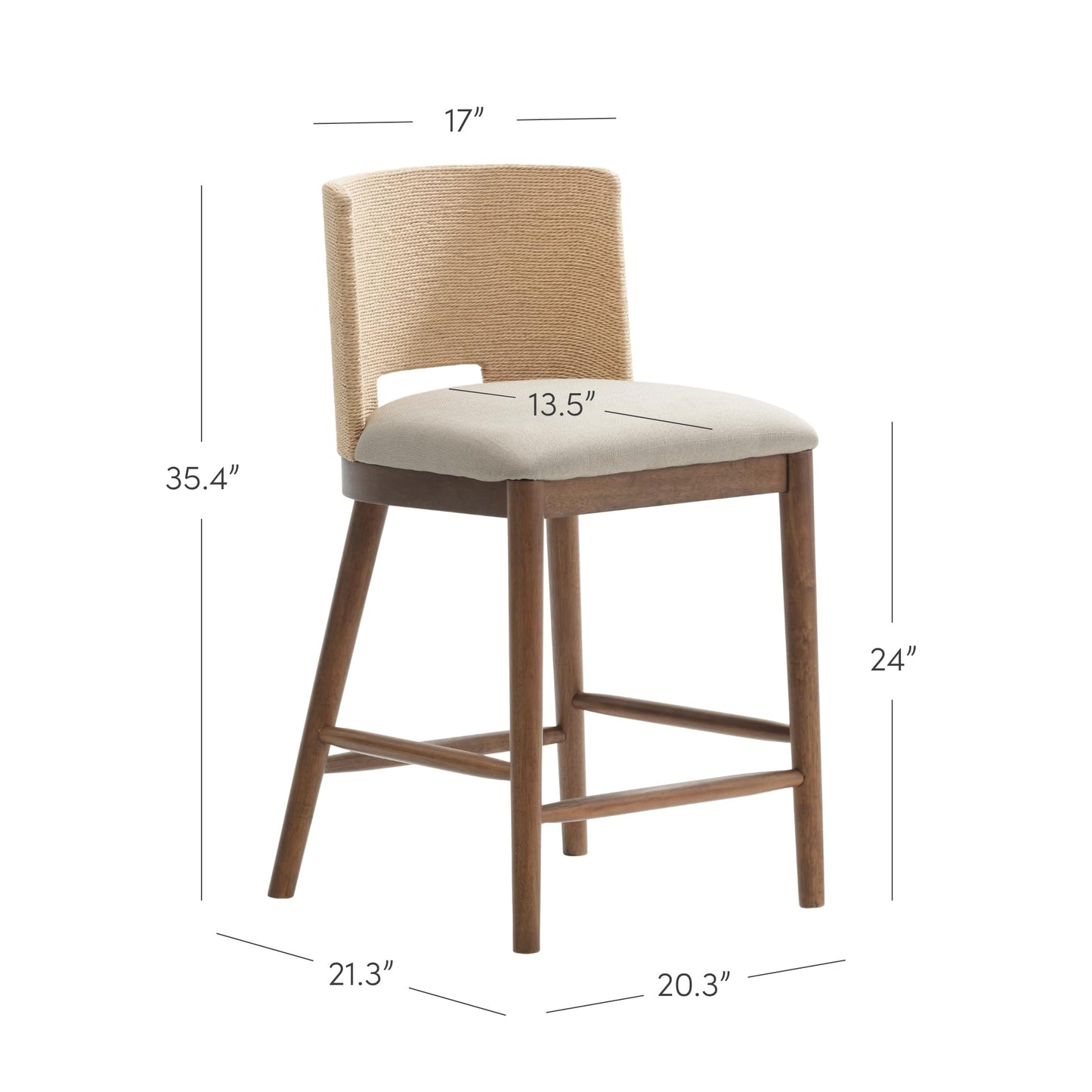 Nathan James Rikki Seagrass Bar Stool with Back, 2-Pack Boucle Counter Stool with Upholstered Seat, Solid Wood Frame, and Woven Seagrass Backrest