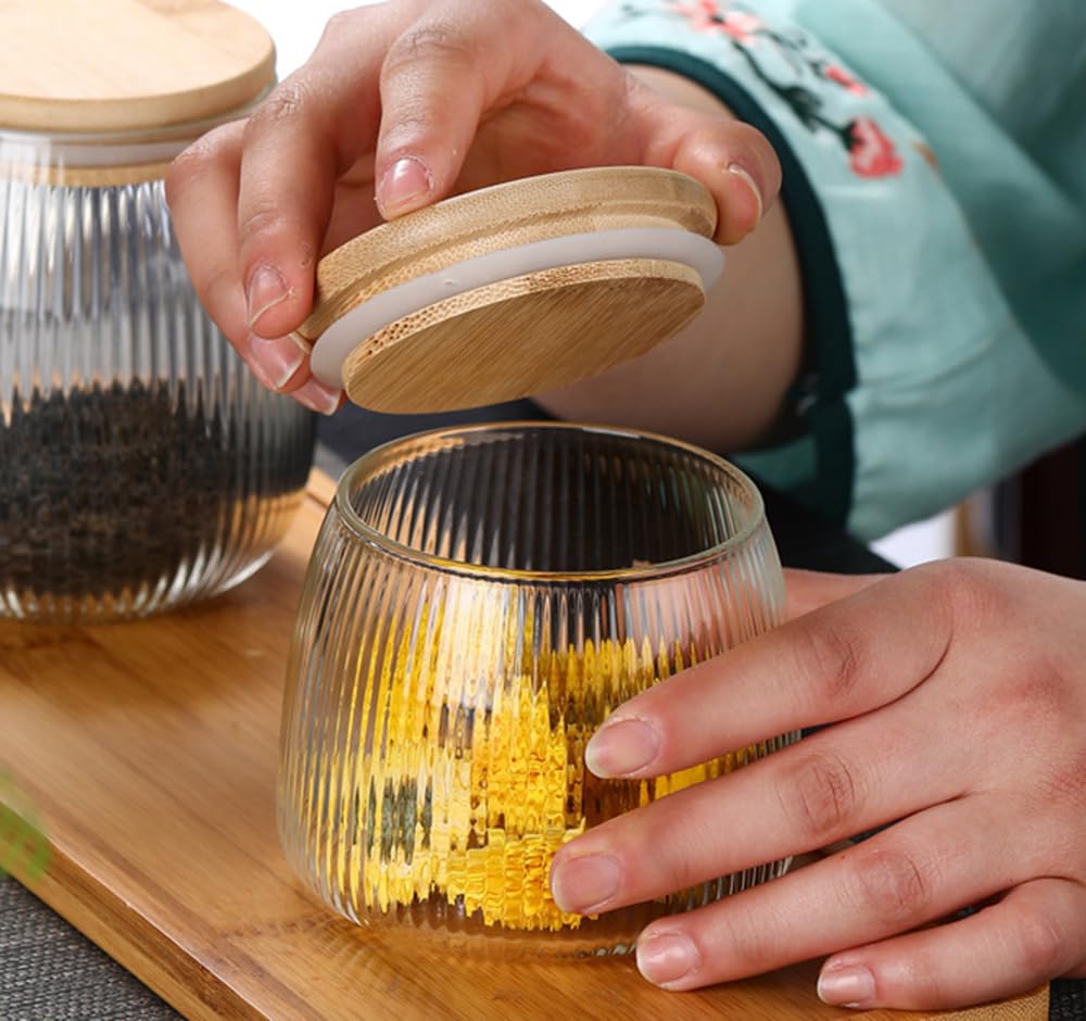 Glass Food Storage Container Candy Dish Spice Jar with Seal Wooden Lid