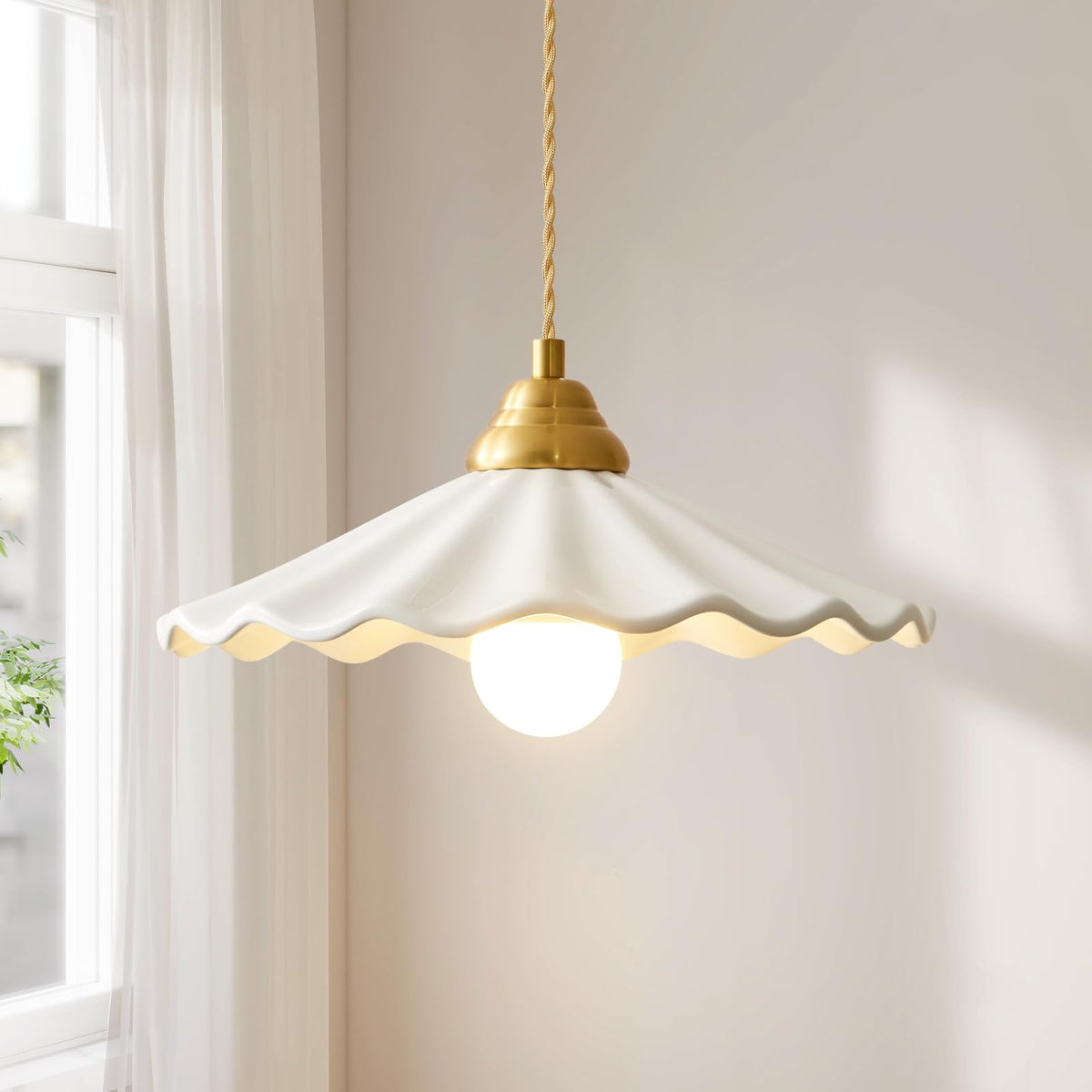 Vintage White Scalloped Ceramic Pendant