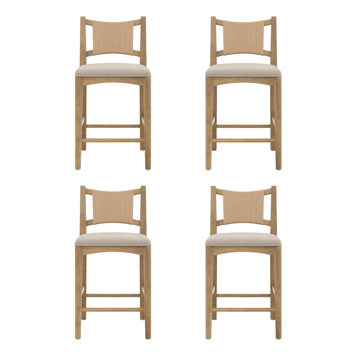 Nathan James Rikki Seagrass Bar Stool with Back, 2-Pack Boucle Counter Stool with Upholstered Seat, Solid Wood Frame, and Woven Seagrass Backrest