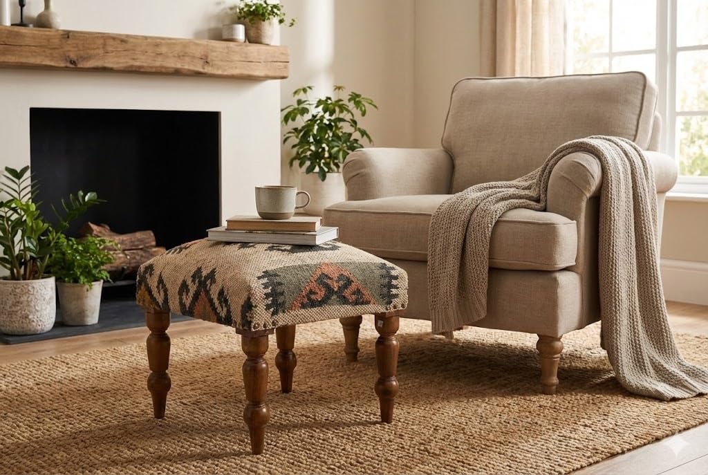 Handmade Jute Ottoman Stool with Wooden Legs