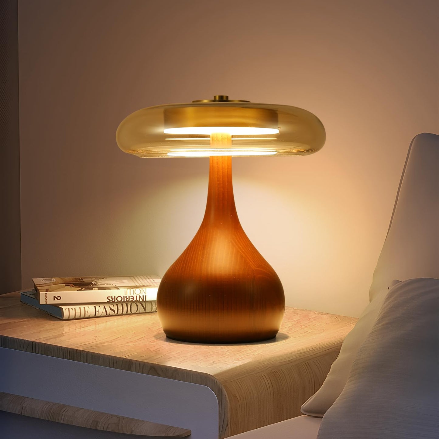Brass Base Mushroom Table Lamp for Bedroom, Small Desk Lamp with Amber Glass Shade, LED Three Color Temperature Adjustable Brightness Modern Side Table Lighting (H 15.4 in)