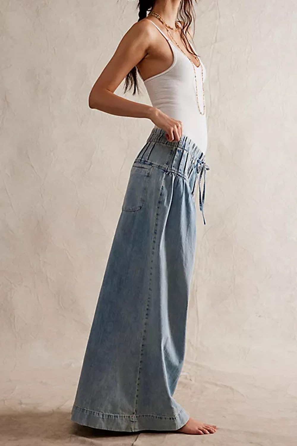 yoeasy Womens Wide Leg Jeans Elastic Drawstring Waisted Casual Loose Flare Denim Pants Baggy Boyfriend Jeans