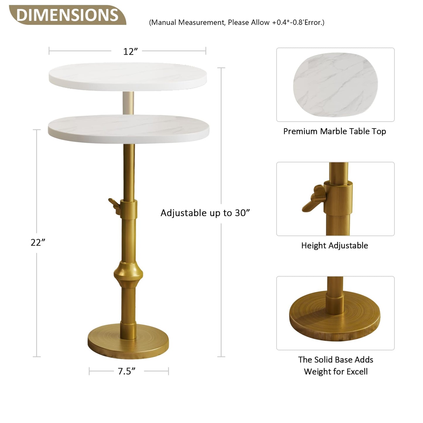 Adjustable Side Table with Antique Brass Stand Base
