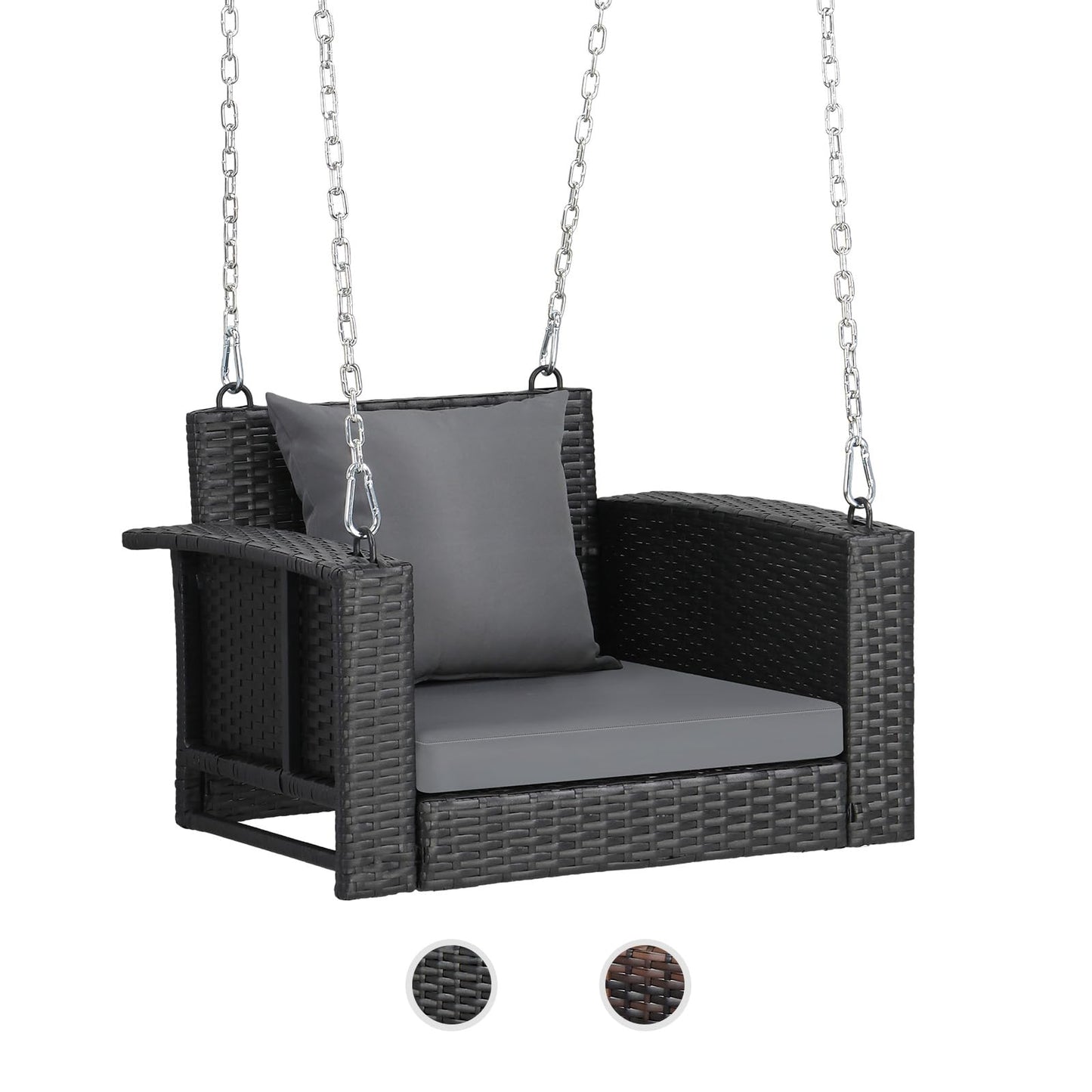 VINGLI 2.4 FT 1-Person Use Round Rattan Porch Swing Outdoor Support 440 LBS with Cushions & Adjustable Chains, Patio Wicker Swing Bench Chair for Garden, Yard, Lawn, Tree, Brown