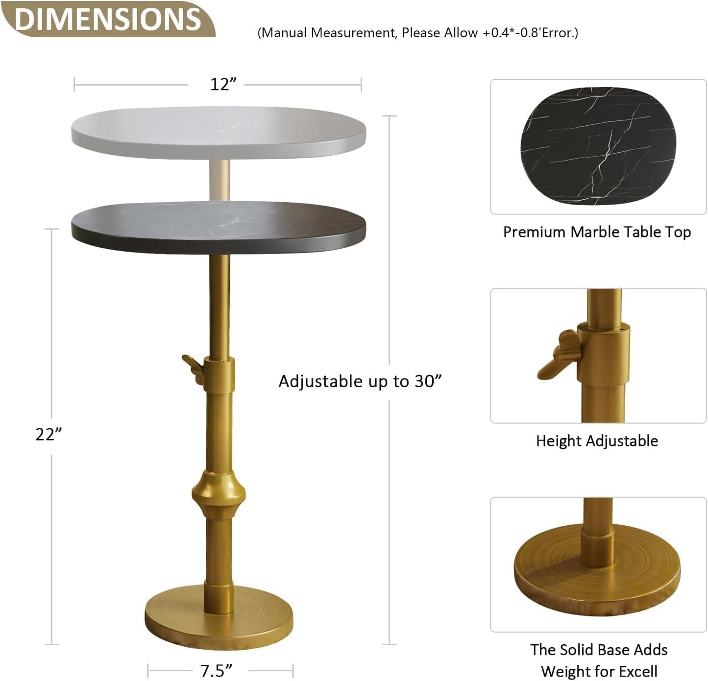 Adjustable Side Table with Antique Brass Stand Base