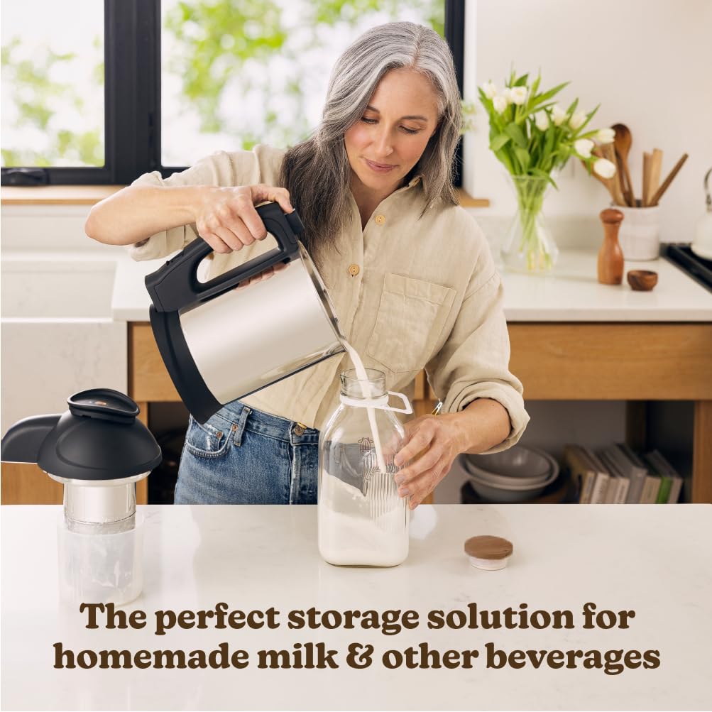 Almond Cow - Glass Pitcher with Lid and Spout, Glass Bottle Milk Container for Refrigerator, Clear Milk Jar Bottles, Food-Grade Liquid Container - 60 fl oz Capacity, 5 x 4 x 10 Inches