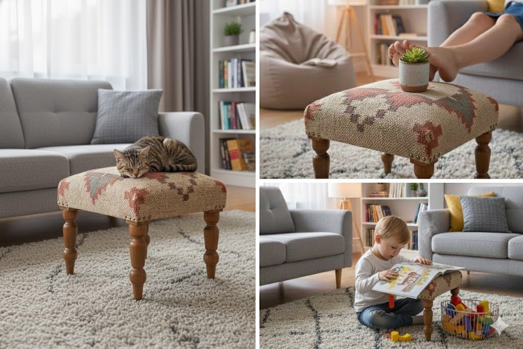 Handmade Jute Ottoman Stool with Wooden Legs
