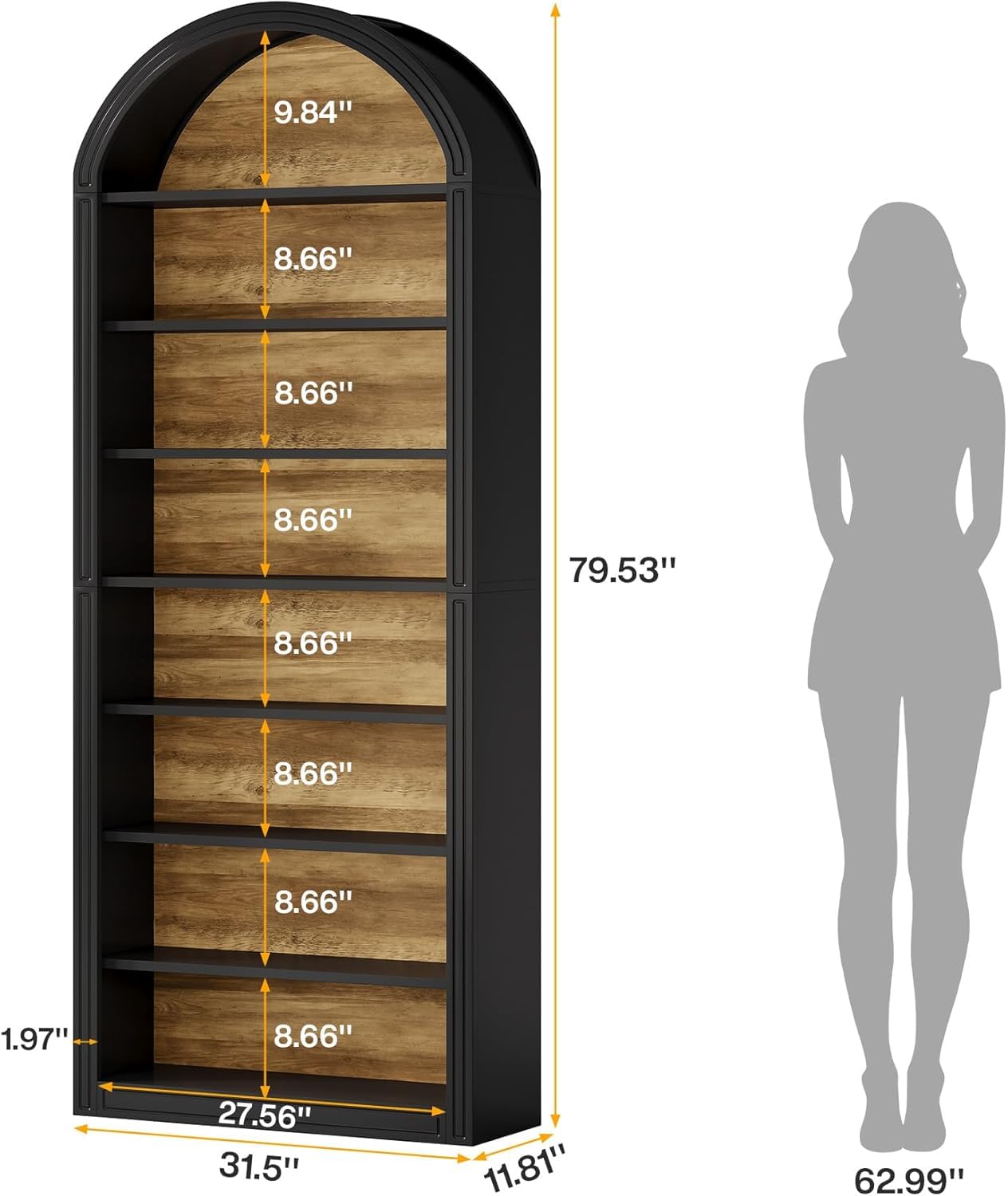Arched 8 Tier Tall Bookshelf with Wood Back Panel