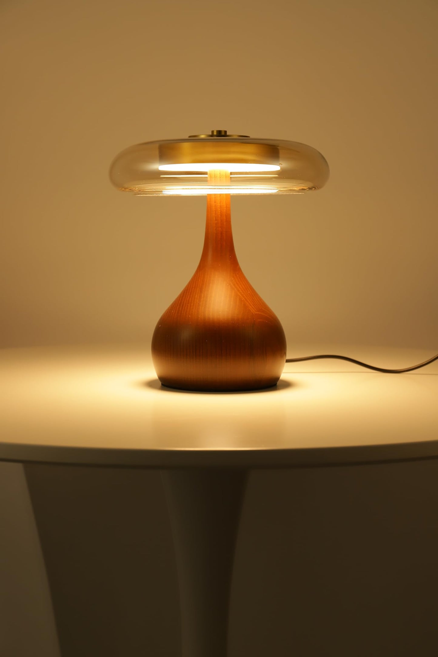 Brass Base Mushroom Table Lamp for Bedroom, Small Desk Lamp with Amber Glass Shade, LED Three Color Temperature Adjustable Brightness Modern Side Table Lighting (H 15.4 in)
