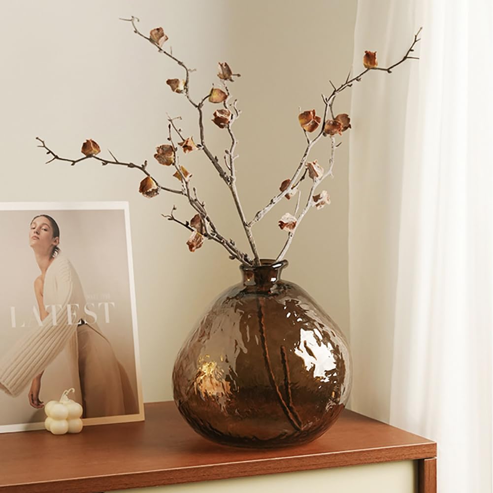 Unique Hammered Brown Glass Vase for Plants Decor Ribbed Embossed Flower Vases for Centerpieces Living Room Entrance Table Decoration,Brown