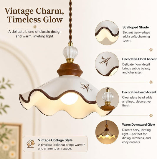 Vintage Ceramic Pendant Light with Scalloped Wavy Shade