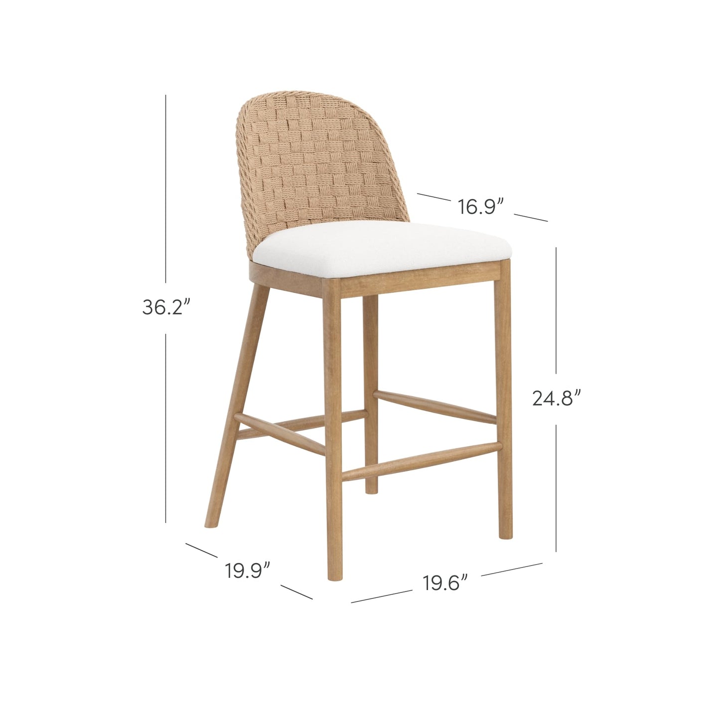 Nathan James Rikki Seagrass Bar Stool with Back, 2-Pack Boucle Counter Stool with Upholstered Seat, Solid Wood Frame, and Woven Seagrass Backrest