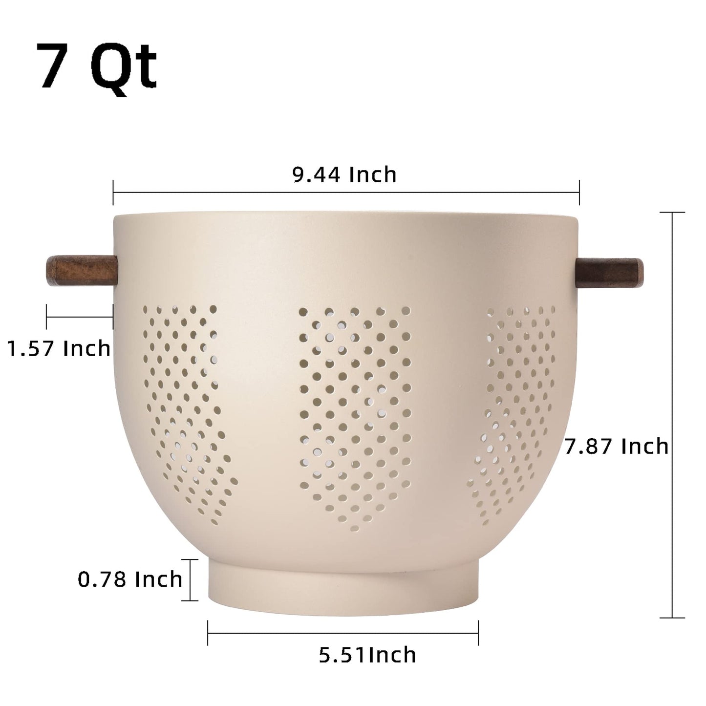 Metal Colander with Wood Handle and Stable Base, Powder Coated Steel Kitchen Strainer Basket for Draining Pasta, Vegetable and fruit(7quart,Sandyellow)