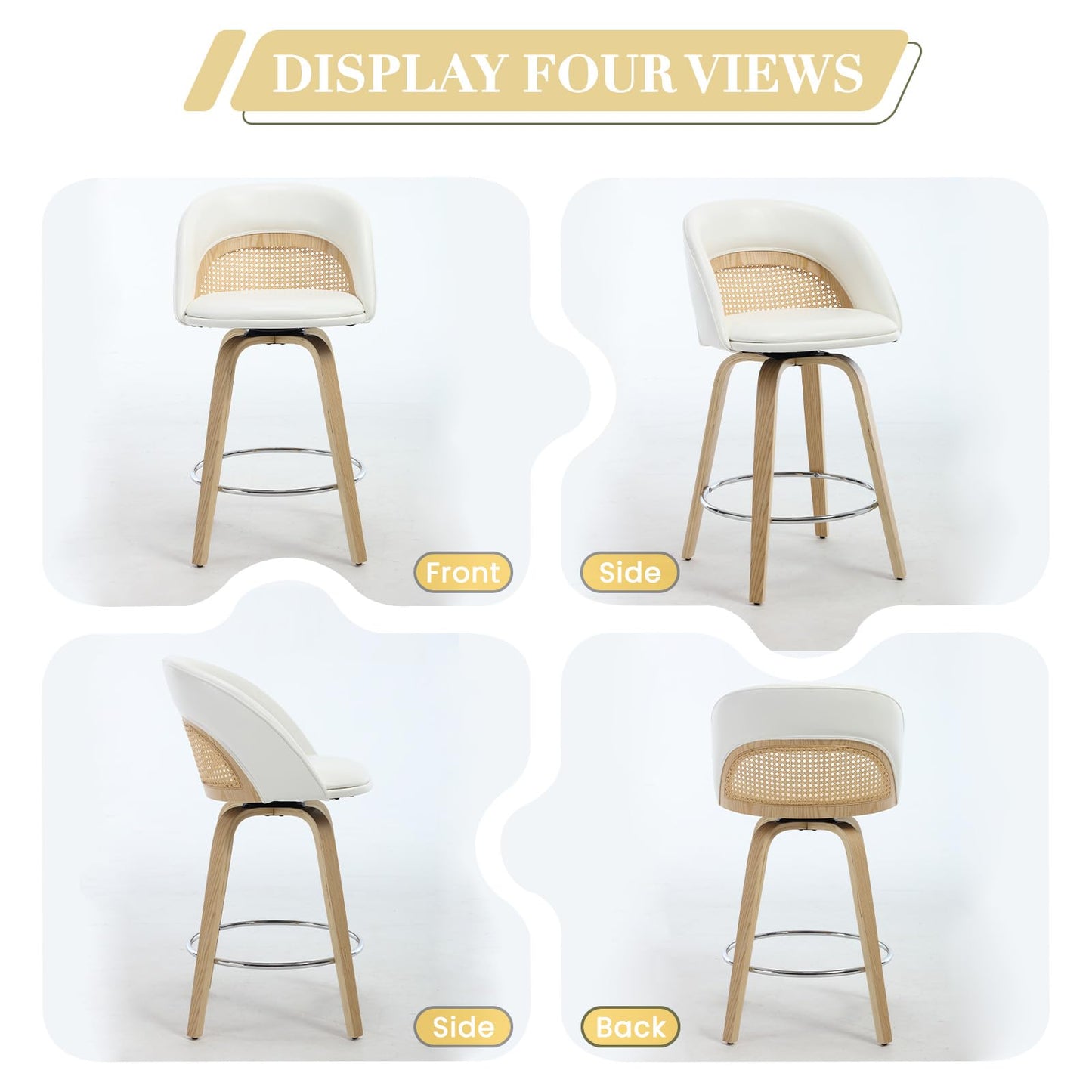EALSON Bar Stools Set of 4, 26" Swivel Barstools with Rattan Backrest, Modern Faux Leather Upholstered Counter Height Bar Stools with Wood Legs & Bronze Footrest for Kitchen Island/Living Room, Brown