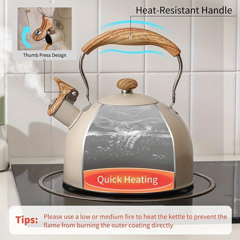 Stove Top Kettle, 2.5 Quart Whistling Kettle for Gas Hob with Wood Pattern Handle Loud Whistle Food Grade Stainless Steel, Anti-Hot Handle and Anti-Rust, Suitable for All Heat Sources