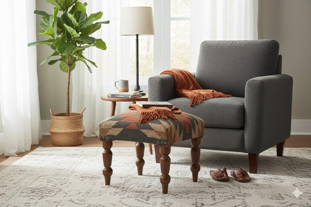 Handmade Jute Ottoman Stool with Wooden Legs