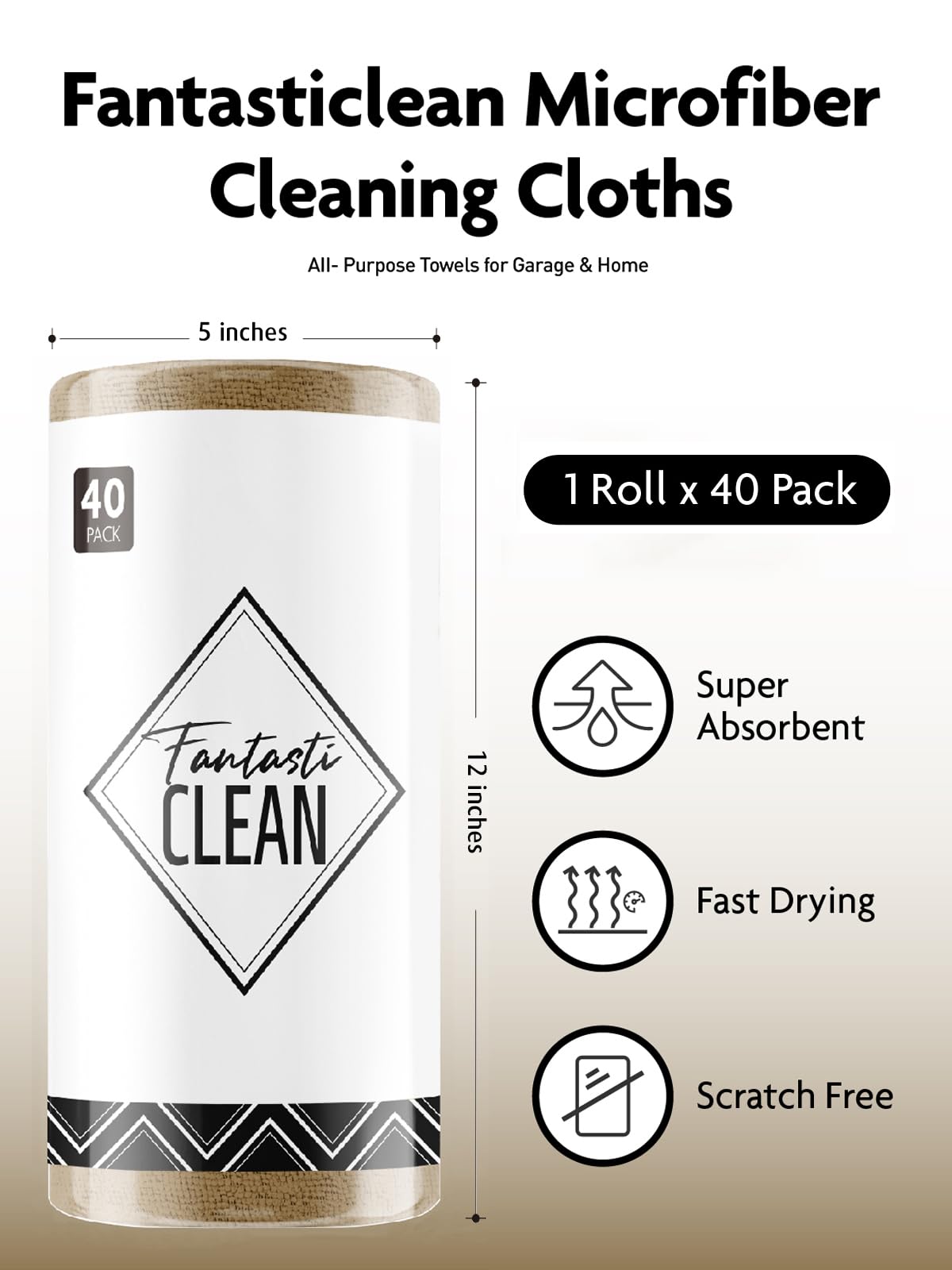 Fantasticlean Microfiber Cleaning Cloth Roll -60 Pack, Tear Away Microfiber Towels, 12" x 12", Reusable, Washable, Scratch Free, Ultra Absorbent Dishcloth for All-Around Cleaning (Beige & Tan)