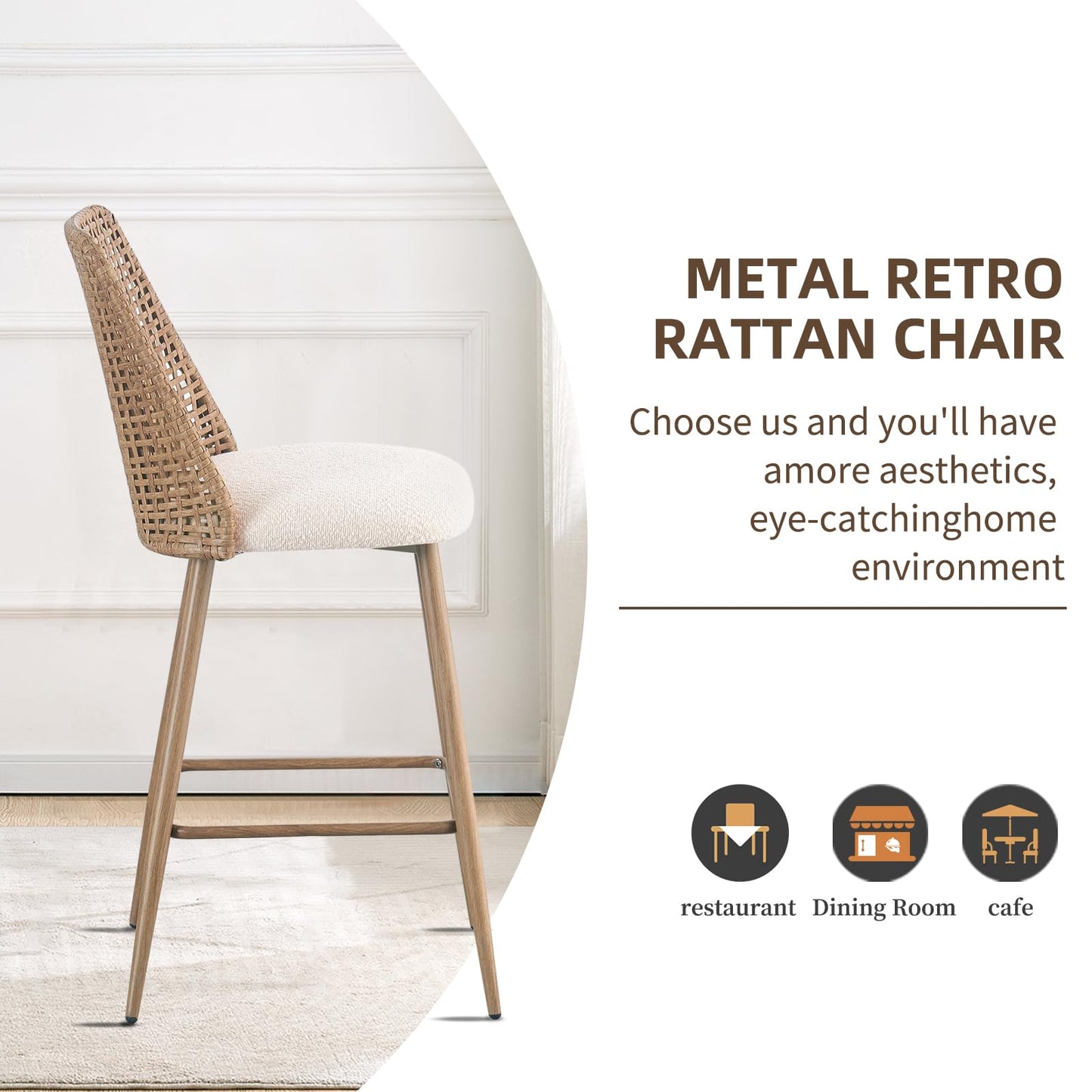 Rattan Bar Stools Set of 2, Counter Height Wicker Bar Stools with Square Back, Square Bar Chair with PE Rattan with Metal Legs,Chair for Home Kitchen