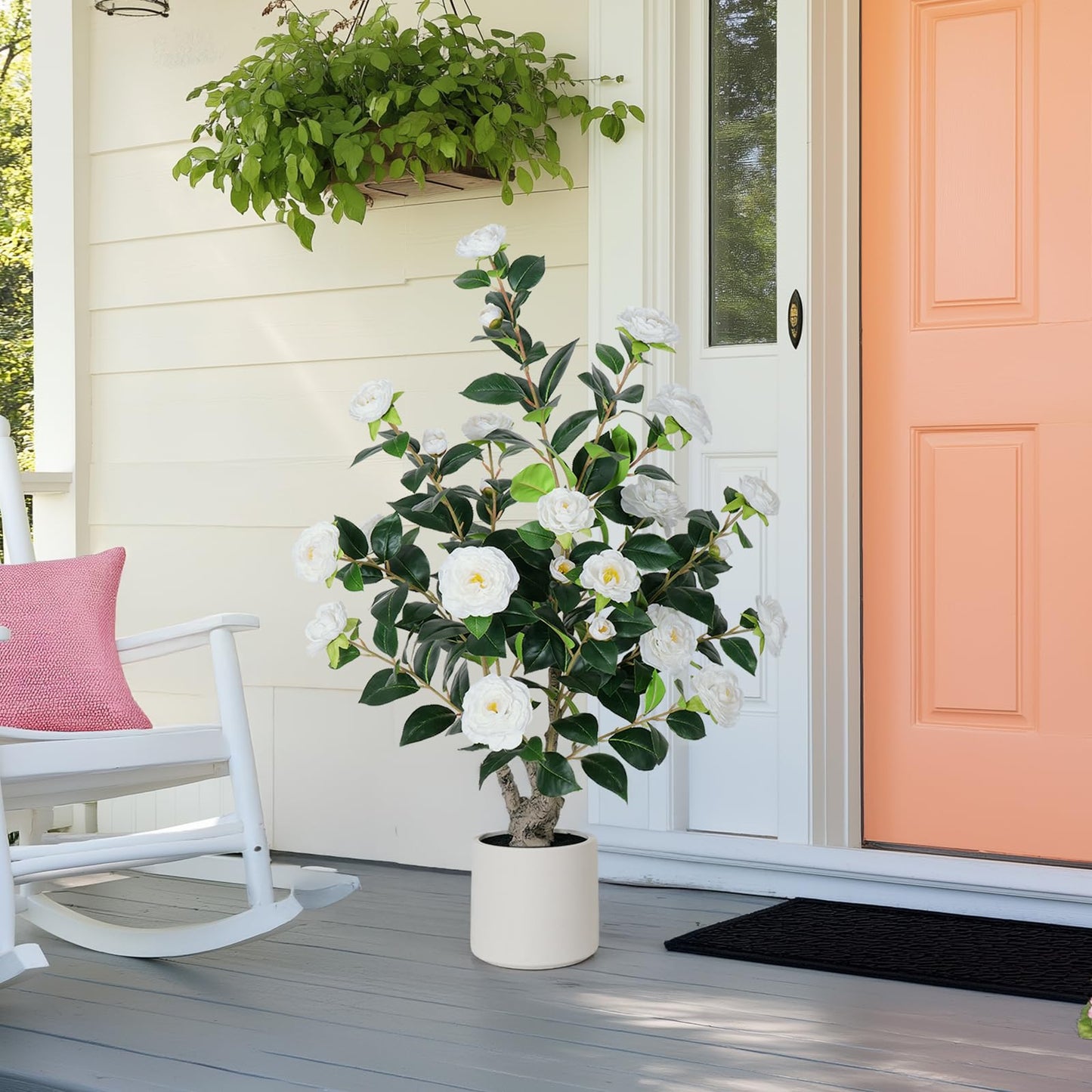 Yepdin 63 inch Artificial Camellia Tree with White Flower Pots - White Fake Tree,5 Ft Faux Plants Indoor wich Blooming,Artificial Plants for Indoor & Outdoor Home Front Door Decor