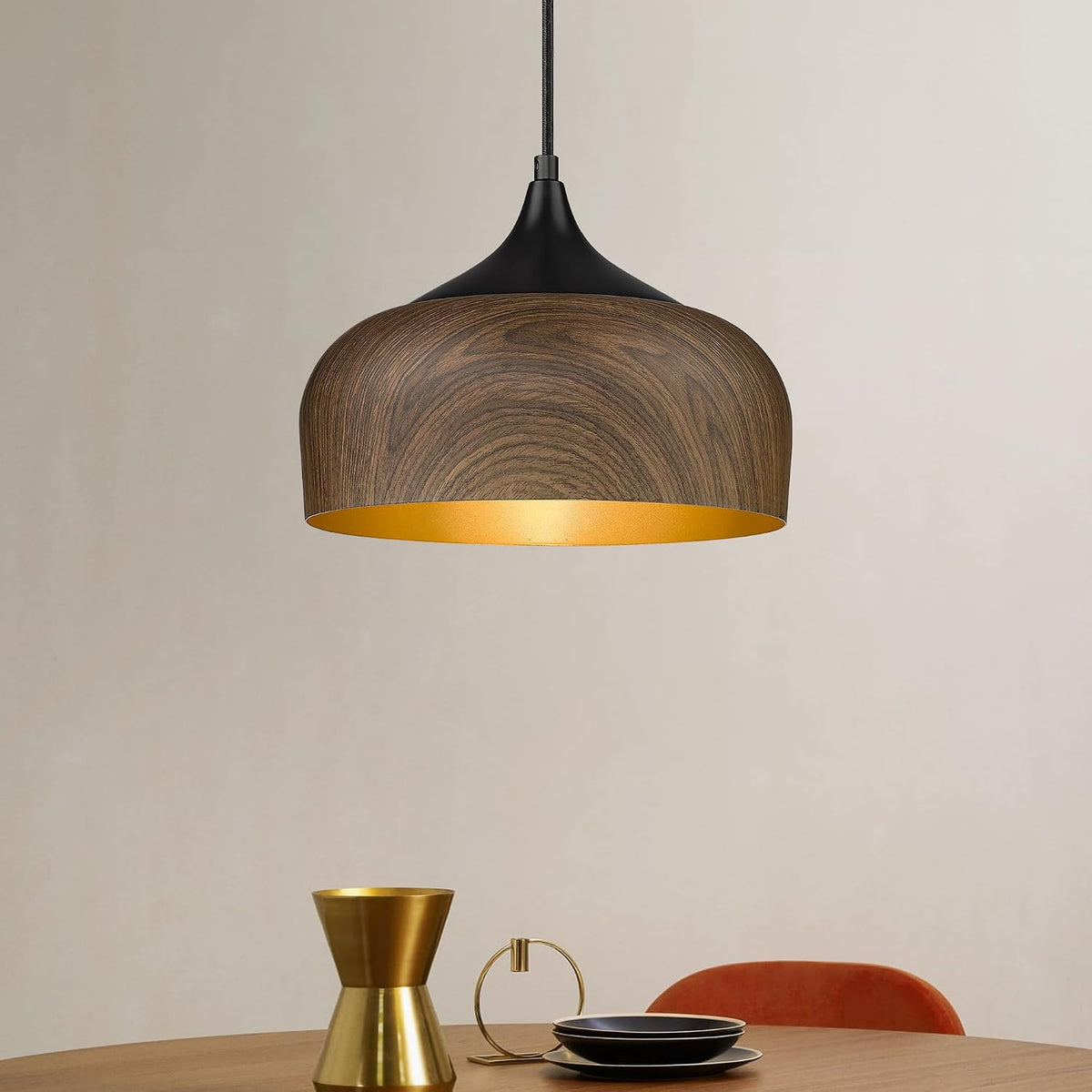 Modern Walnut Wooden Pendant Dome Light