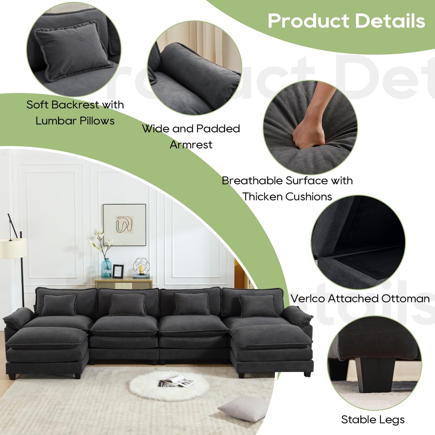 120" Modular Sectional Sofa, Comfy Cloud Couch Sectional Sofa with Ottoman, Chenille Sofa Sleeper Deep Seat Sofa with Throw Pillows for Living Room (Beige White, 120"- U Shape)