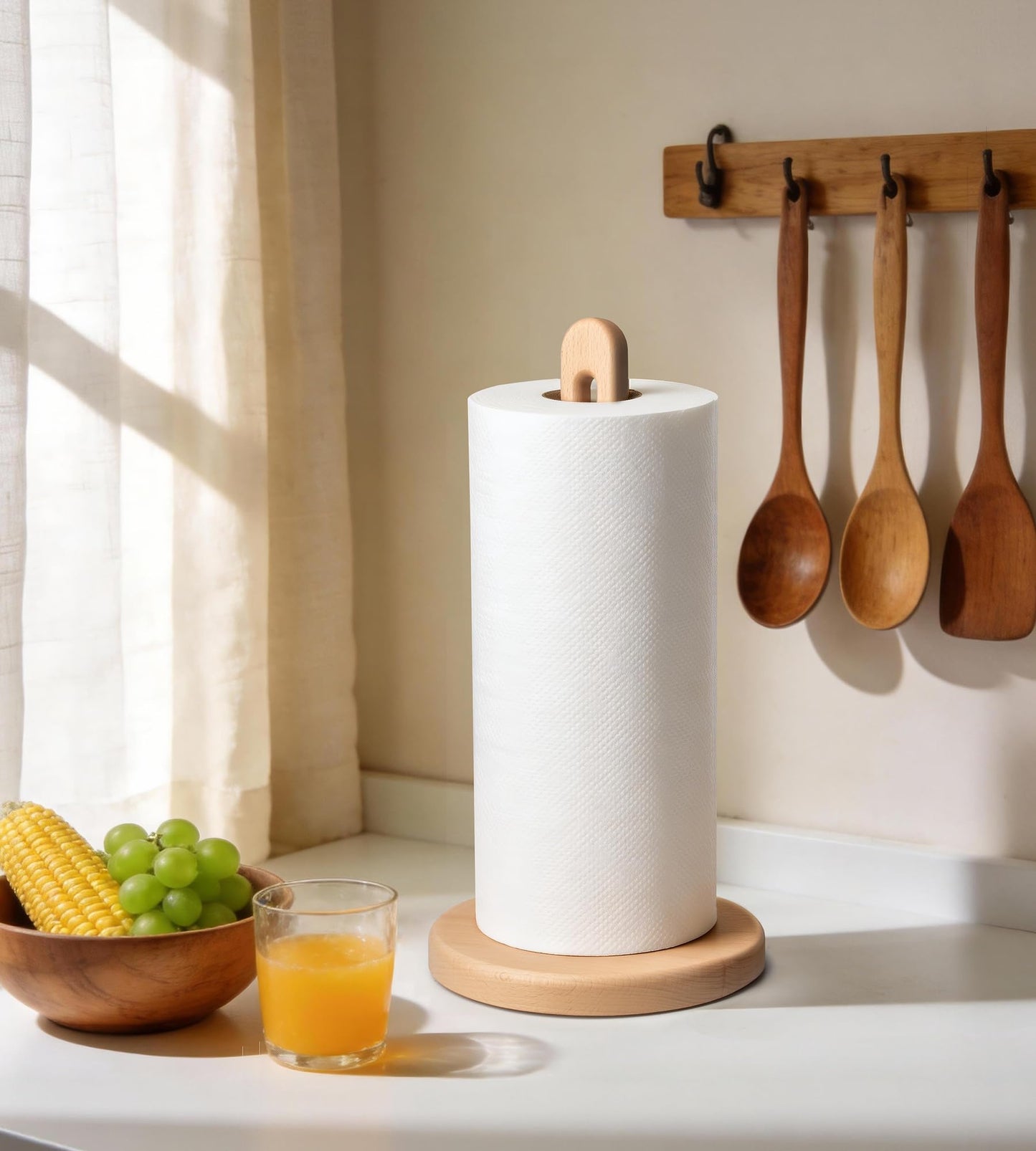 KitchLife Acacia Wooden Paper Towel Holder Countertop, 6.5" Jumbo Base, Fits Jumbo Rolls, Large Freestanding Dark Wood Paper Towel Stand Upgraded Dispenser Organizer with Non-Slip Base