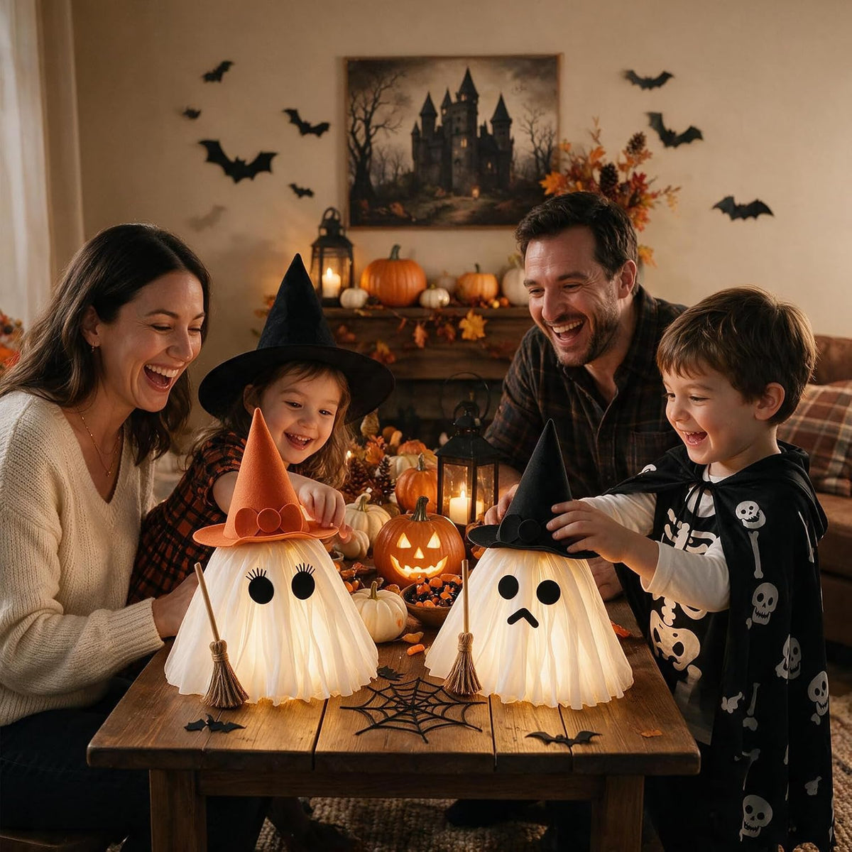 Halloween Decorations – Set of 2 Light-Up Ghosts with Witch Hats