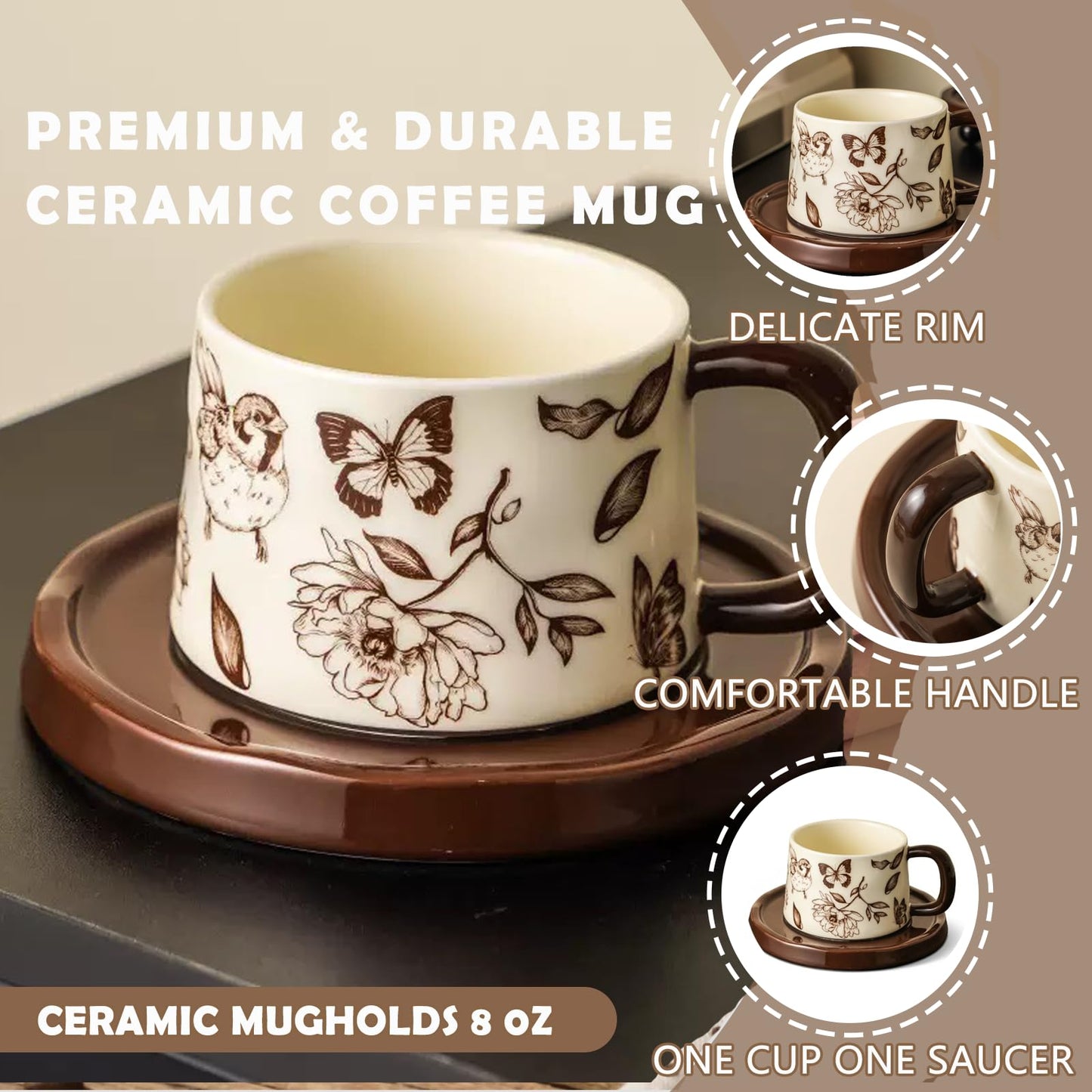 Vintage Floral Coffee Mug and Saucer Set