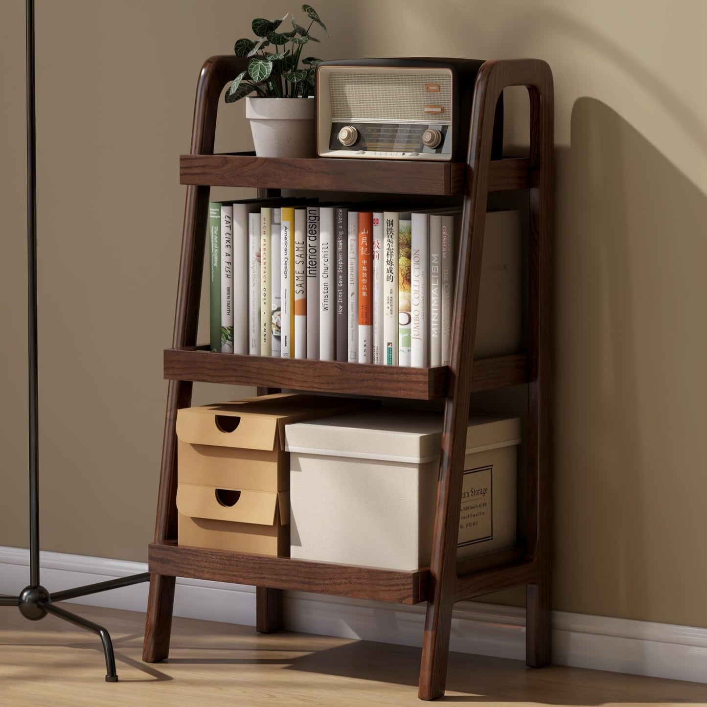 Solid Oak 3 Tier Ladder Bookshelf