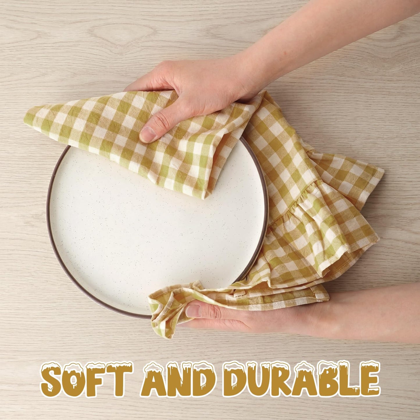 HunnmingRe Taupe Kitchen Towels Set of 2, 100% Cotton Ruffled Gingham Dish Towels 18"x28" Tea Cloths Classic Plaid Pattern for Farmhouse Charm, Drying Dishes, Entertaining Guests