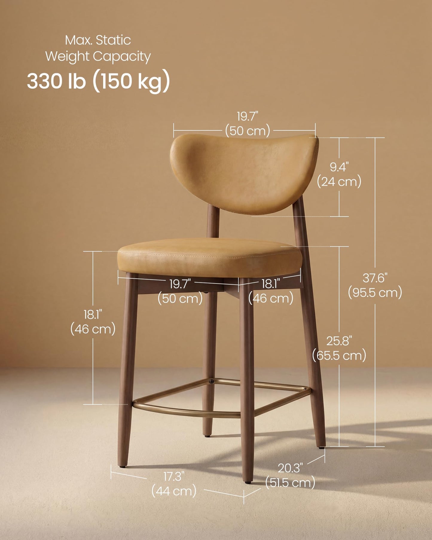 VASAGLE Wooden Bar Stools Set of 2, Upholstered Counter Height Barstools with Solid Wood Legs, Ergonomic Backrest, Mid Century Modern, for Kitchen Island, Linen-Look Fabric, Cappuccino Beige