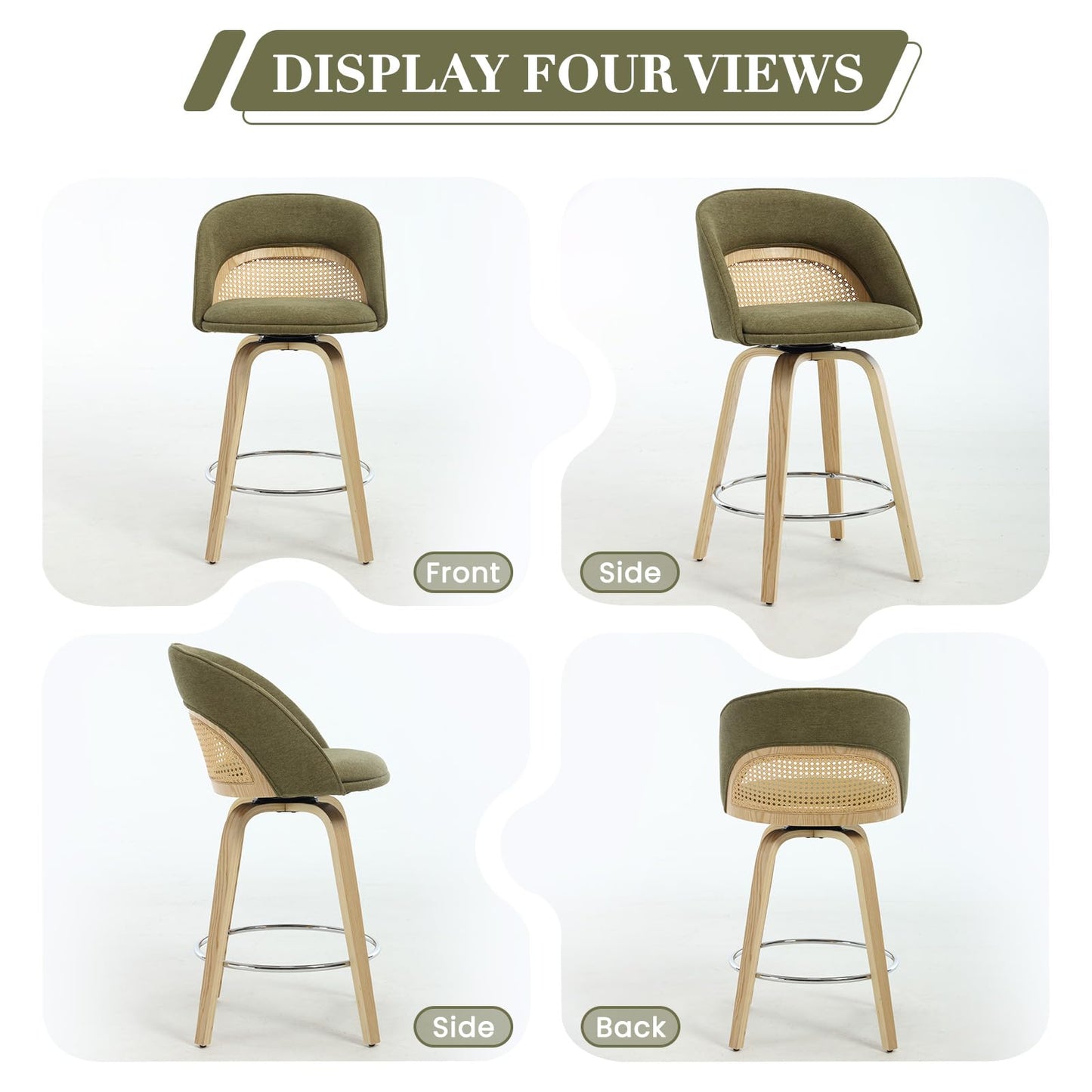 EALSON Bar Stools Set of 4, 26" Swivel Barstools with Rattan Backrest, Modern Faux Leather Upholstered Counter Height Bar Stools with Wood Legs & Bronze Footrest for Kitchen Island/Living Room, Brown