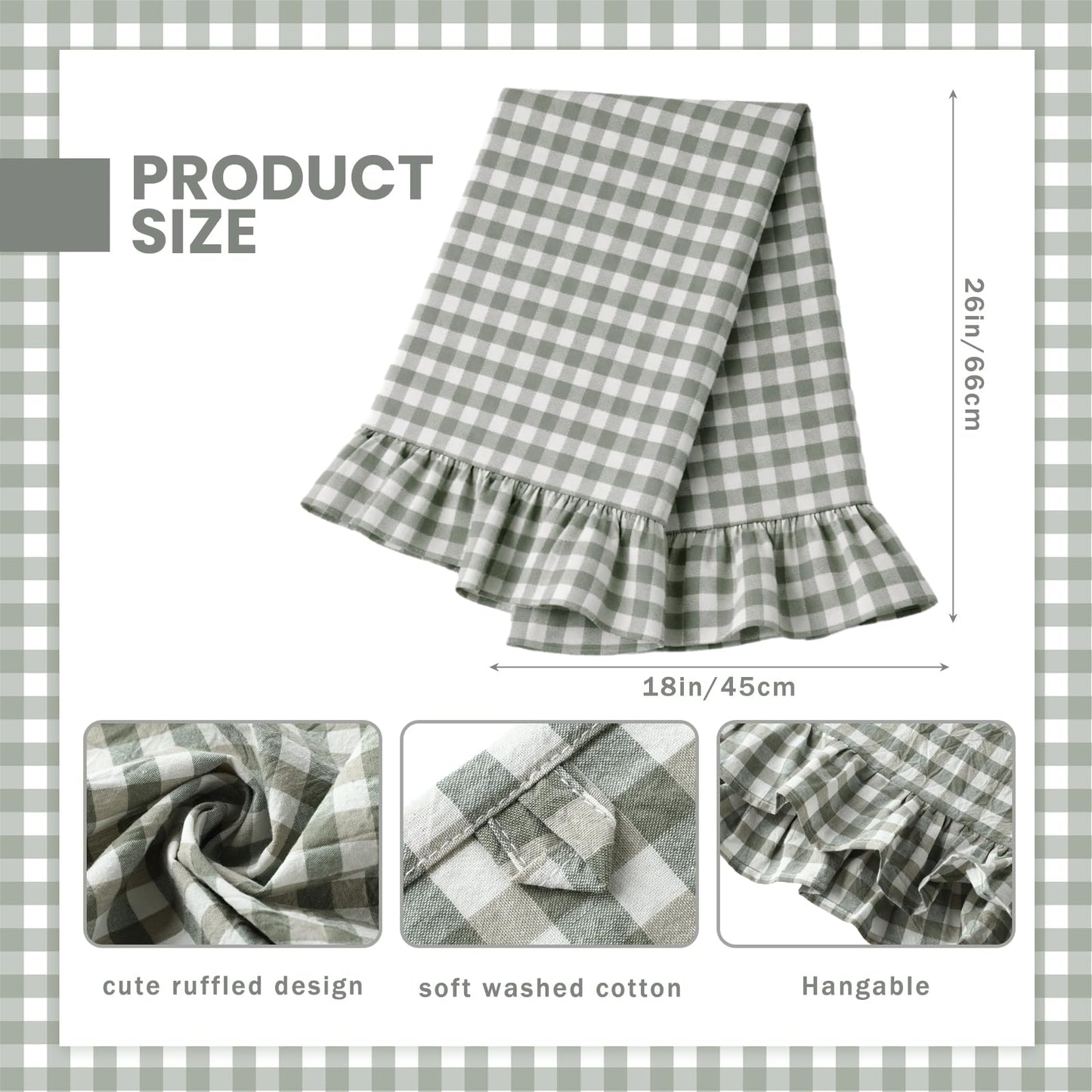 HunnmingRe Taupe Kitchen Towels Set of 2, 100% Cotton Ruffled Gingham Dish Towels 18"x28" Tea Cloths Classic Plaid Pattern for Farmhouse Charm, Drying Dishes, Entertaining Guests