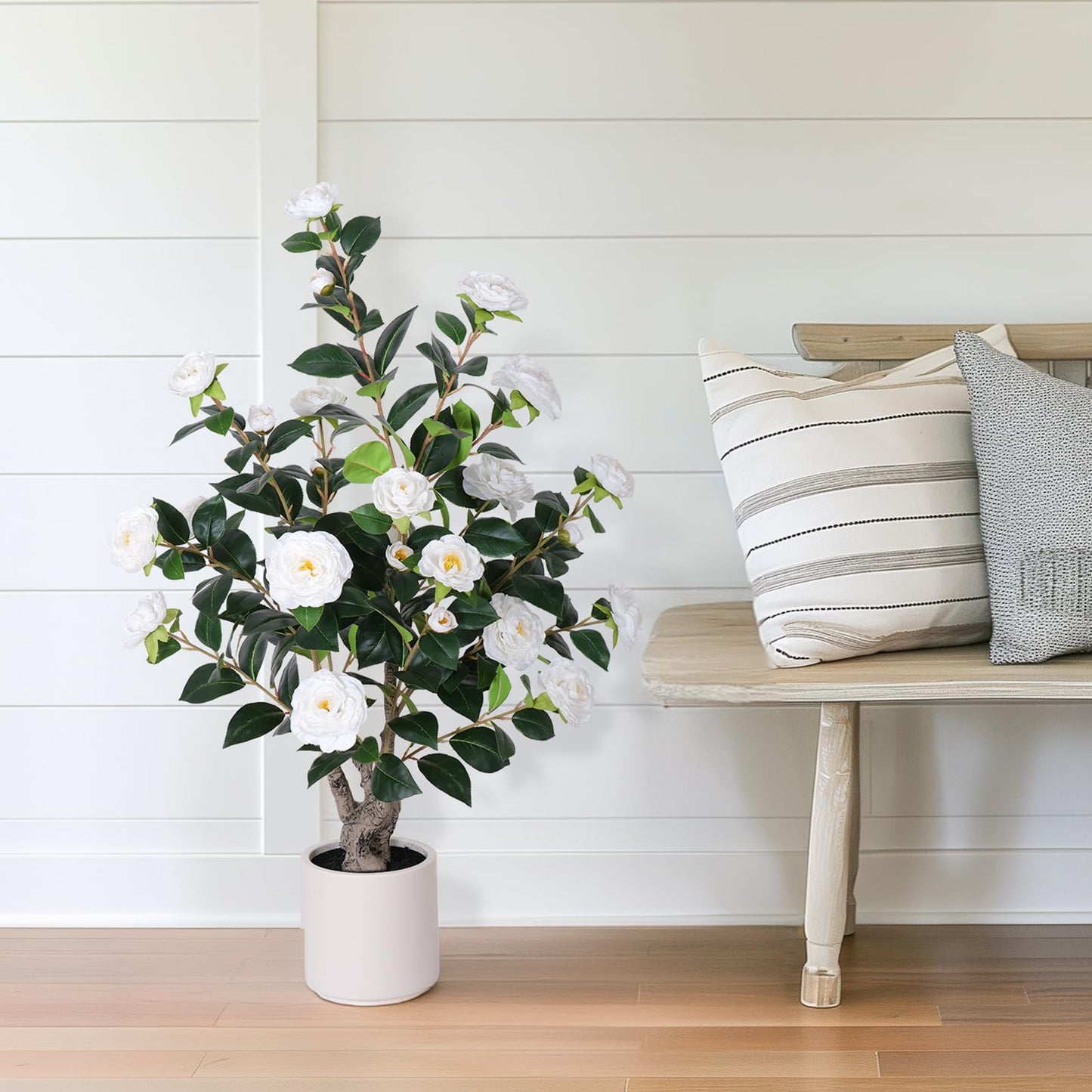 Yepdin 63 inch Artificial Camellia Tree with White Flower Pots - White Fake Tree,5 Ft Faux Plants Indoor wich Blooming,Artificial Plants for Indoor & Outdoor Home Front Door Decor