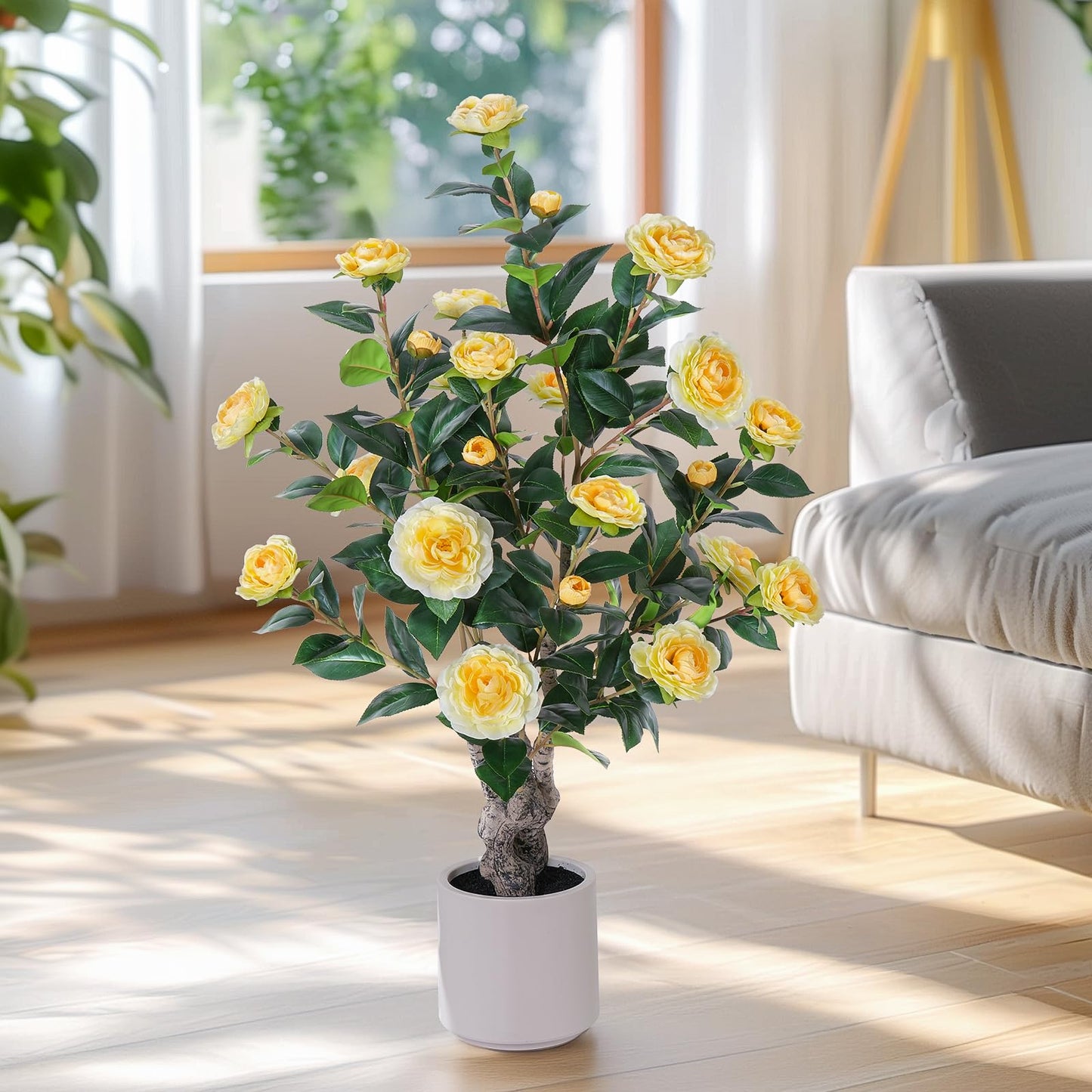 Yepdin 63 inch Artificial Camellia Tree with White Flower Pots - White Fake Tree,5 Ft Faux Plants Indoor wich Blooming,Artificial Plants for Indoor & Outdoor Home Front Door Decor
