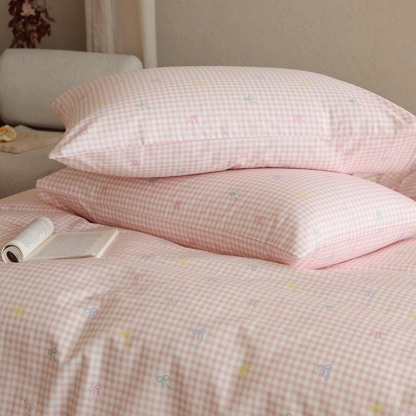 Duvet Cover Set - Brown Plaid Gingham Comforter Cover with Zipper Closure