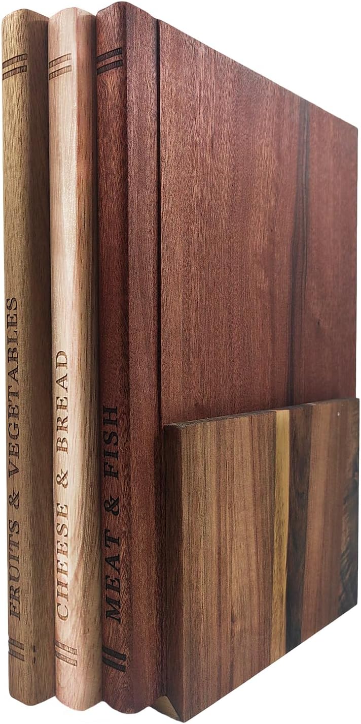 Resafy Book Cutting Board Set of 3,Acacia Wooden Decorative and Functional Cutting Boards with Wooden Stand Library,Fruits, Vegetables, Meat, Fish, Cheese and Bread | Statement Piece for Countertop