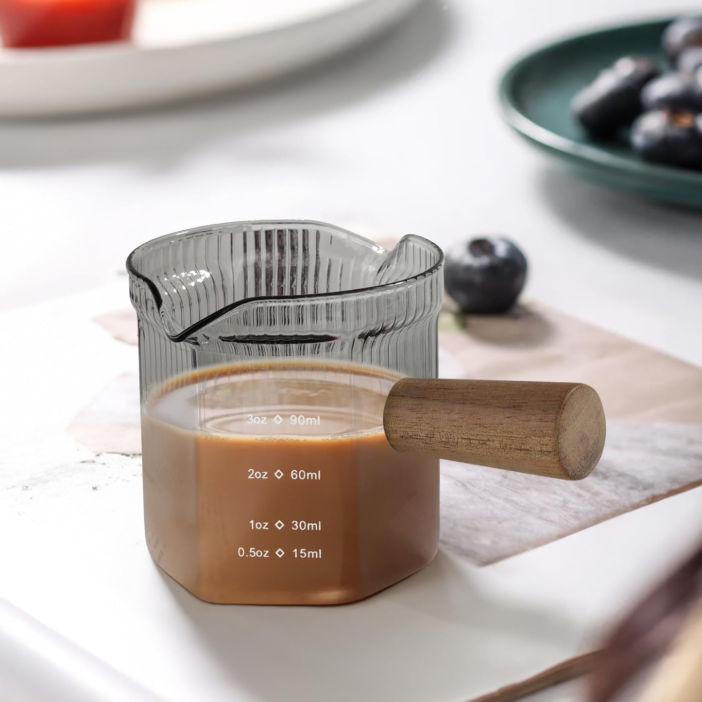 Joeyan 6 oz Glass Measuring Cups with Spout,Borosilicate Glass Triple Pitcher with Scale,Origami Style Espresso Shot Glasses with Wood Handle for Coffee Milk,Dishwasher Safe