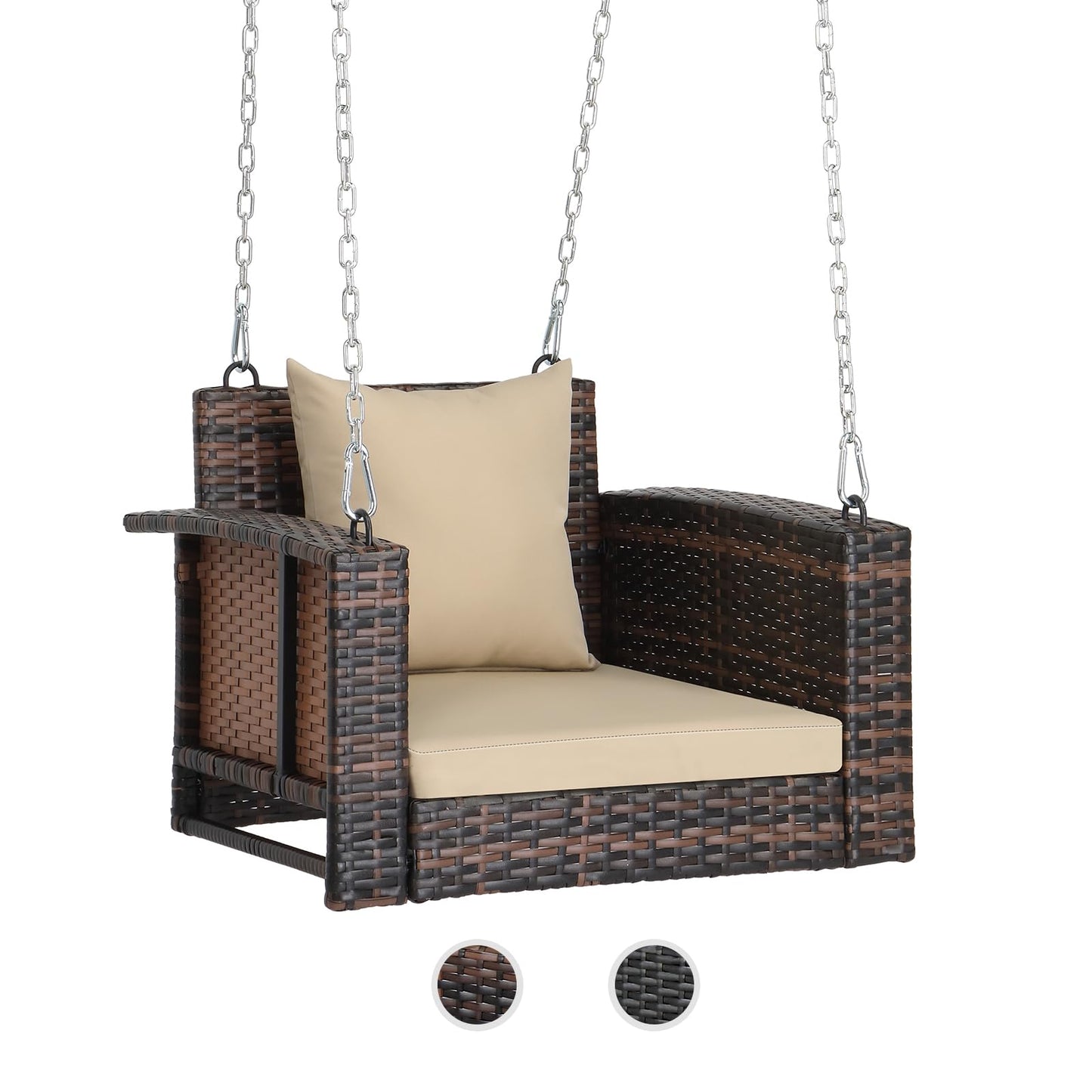 VINGLI 2.4 FT 1-Person Use Round Rattan Porch Swing Outdoor Support 440 LBS with Cushions & Adjustable Chains, Patio Wicker Swing Bench Chair for Garden, Yard, Lawn, Tree, Brown