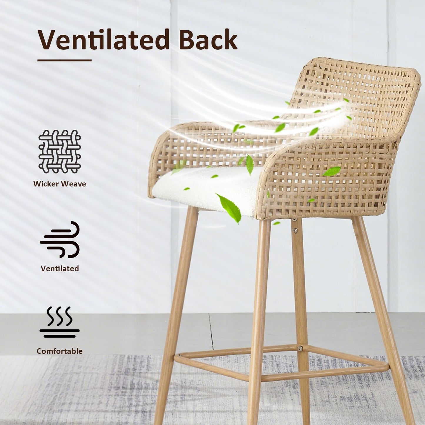 Rattan Bar Stools Set of 2, Counter Height Wicker Bar Stools with Square Back, Square Bar Chair with PE Rattan with Metal Legs,Chair for Home Kitchen