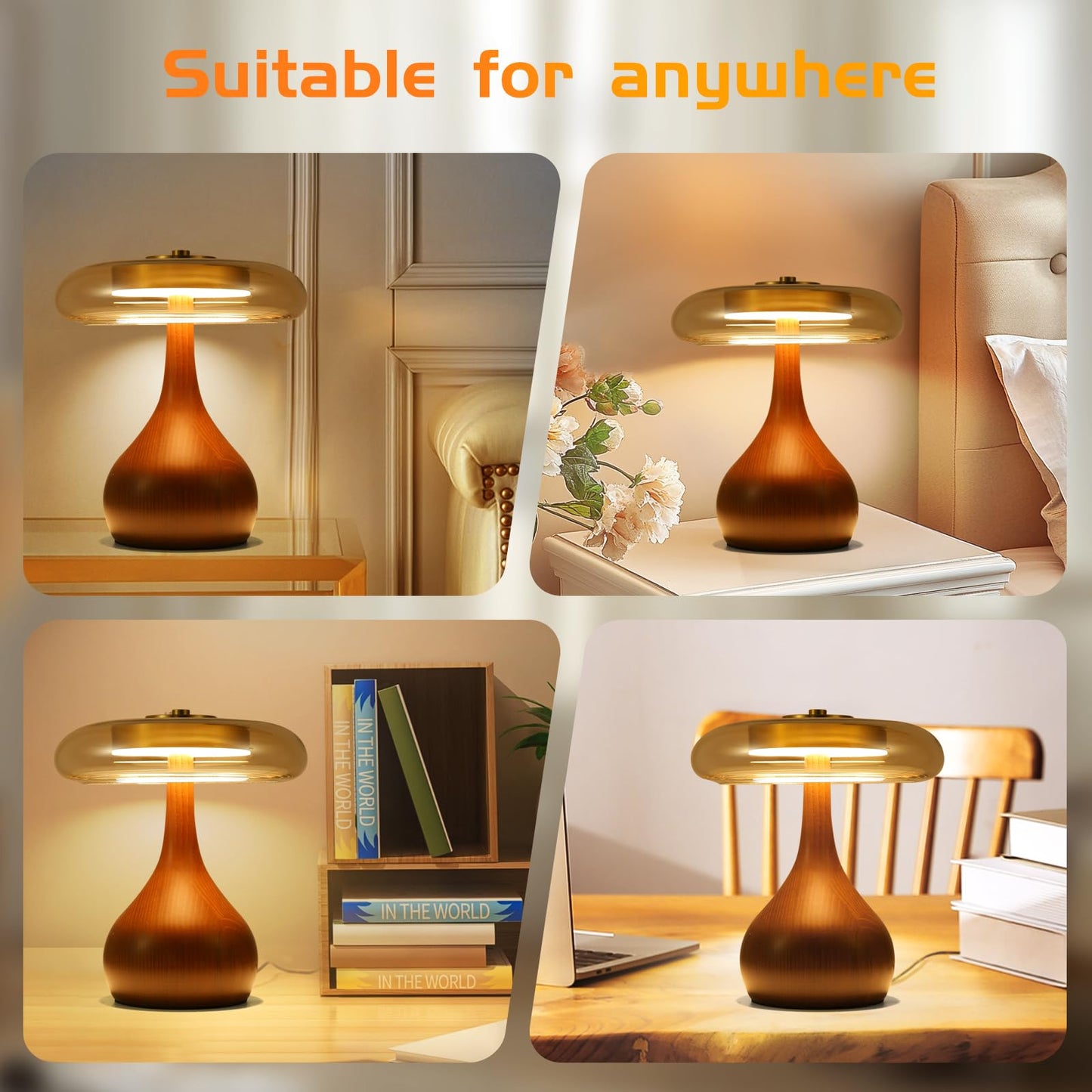Brass Base Mushroom Table Lamp for Bedroom, Small Desk Lamp with Amber Glass Shade, LED Three Color Temperature Adjustable Brightness Modern Side Table Lighting (H 15.4 in)