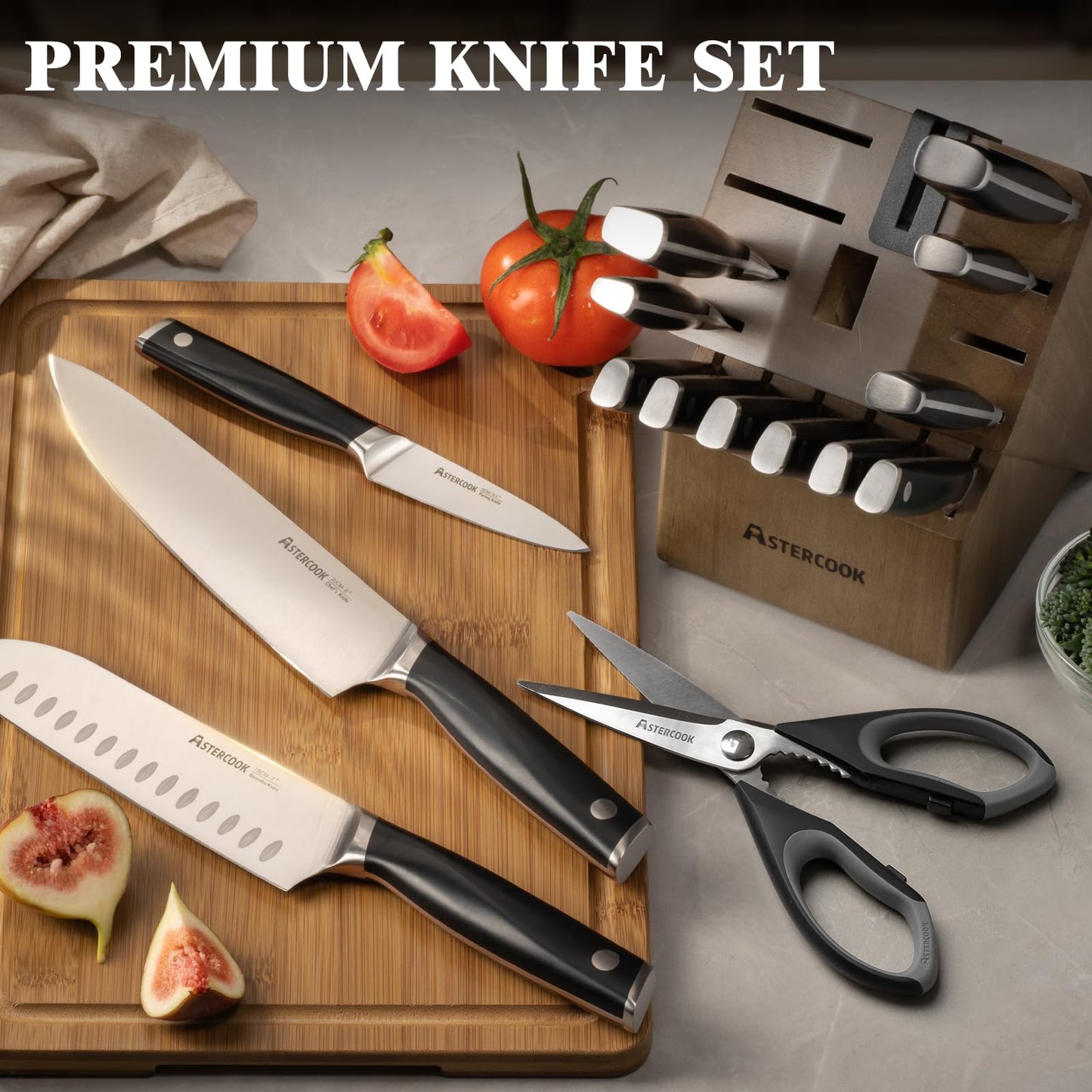 Astercook Knife Set Kitchen with Block and Sharpener Premium Full Tang 17 Pcs German Stainless Steel Knives Dishwasher Safe Kitchen Utensils Set with with and Anti-slip Ergonomic Handle, Cream White