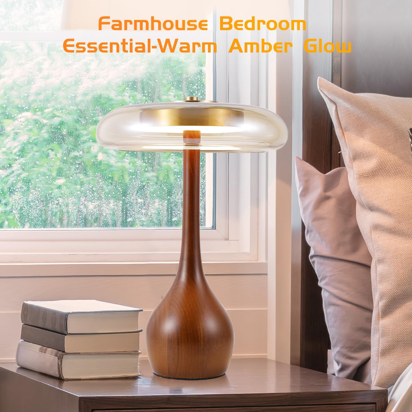 Brass Base Mushroom Table Lamp for Bedroom, Small Desk Lamp with Amber Glass Shade, LED Three Color Temperature Adjustable Brightness Modern Side Table Lighting (H 15.4 in)