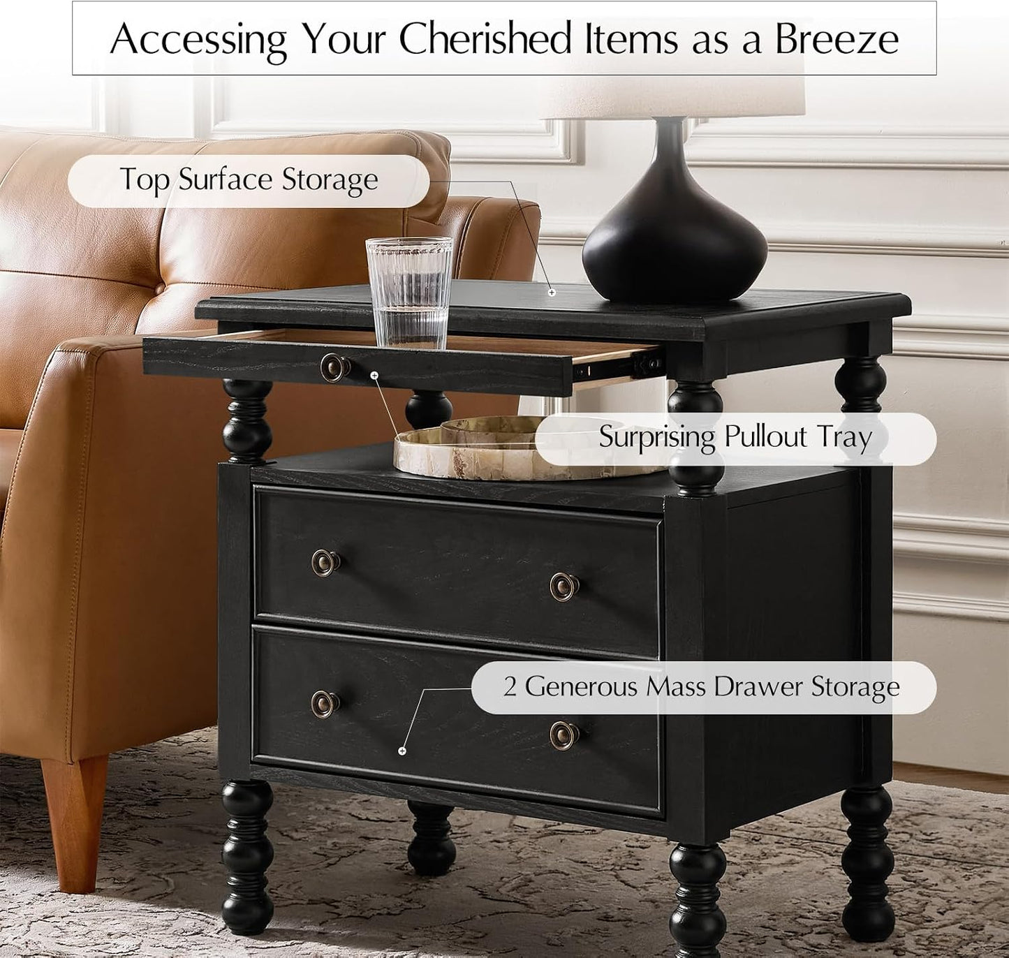 26" End Table with Charging Station and Transitional 2 Drawer Wood
