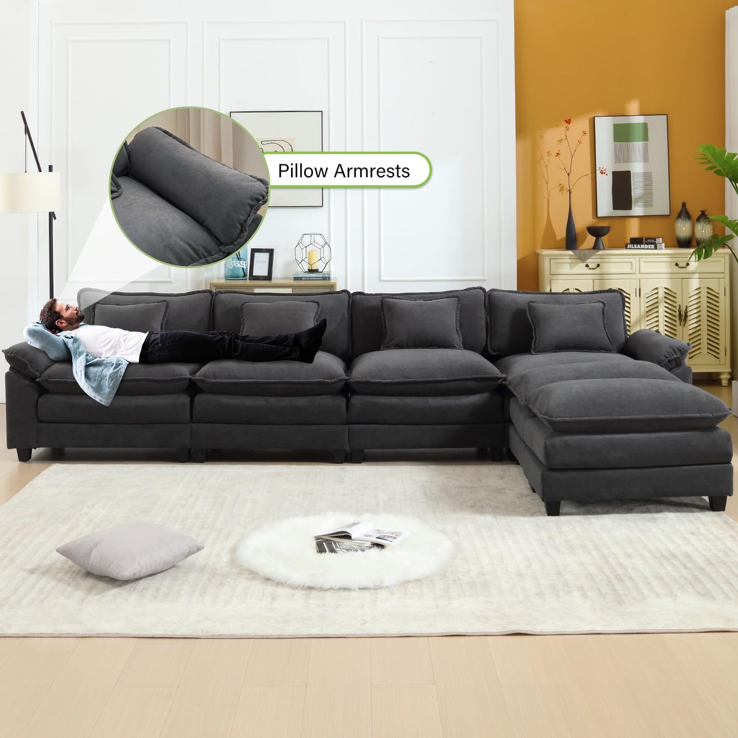 120" Modular Sectional Sofa, Comfy Cloud Couch Sectional Sofa with Ottoman, Chenille Sofa Sleeper Deep Seat Sofa with Throw Pillows for Living Room (Beige White, 120"- U Shape)