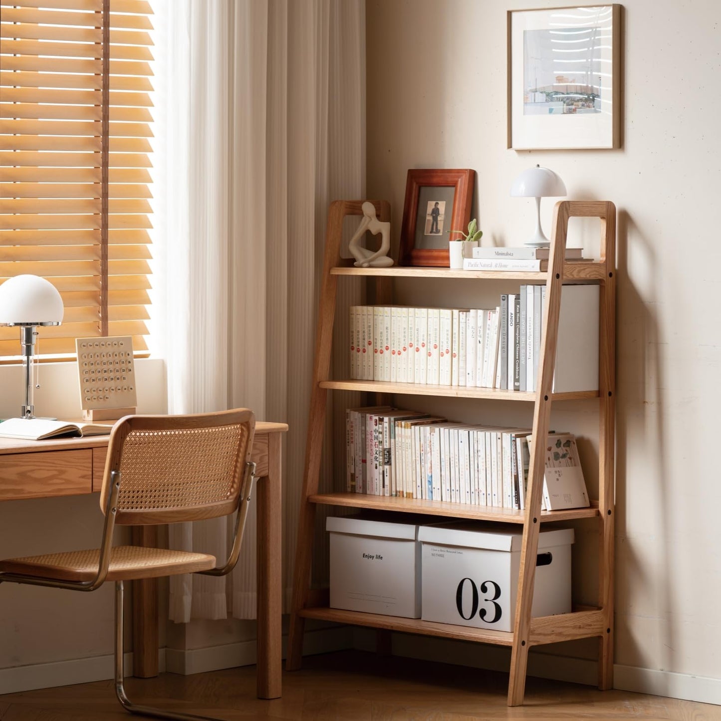 Solid Oak 3 Tier Ladder Bookshelf