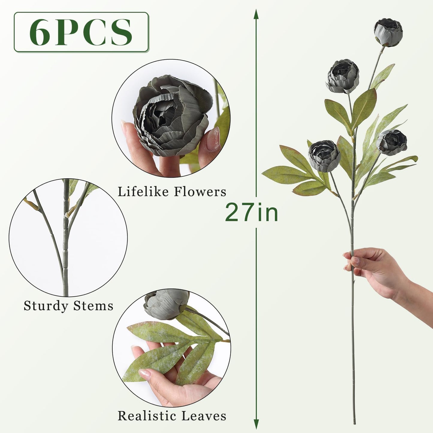 6 Pcs Faux Silk Peony Artificial Flowers 27" Stems